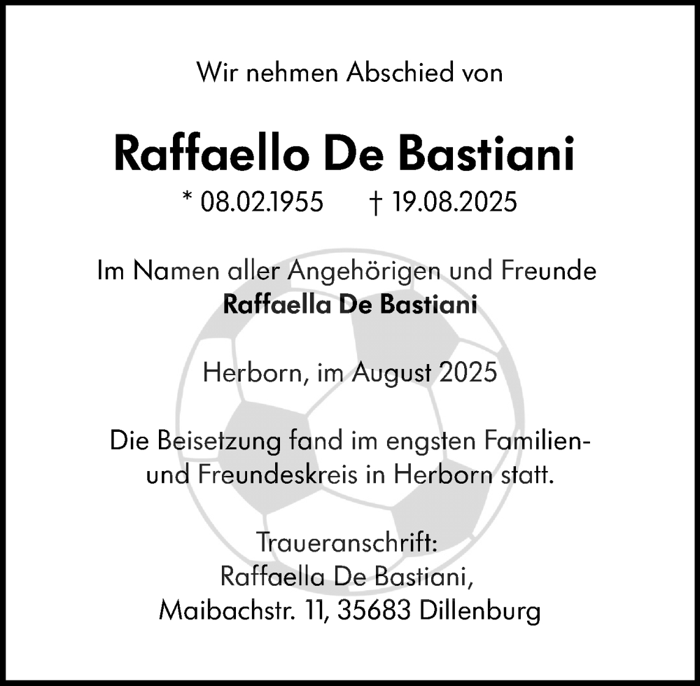  Traueranzeige für Raffaello De Bastiani vom 27.08.2025 aus Dill Block