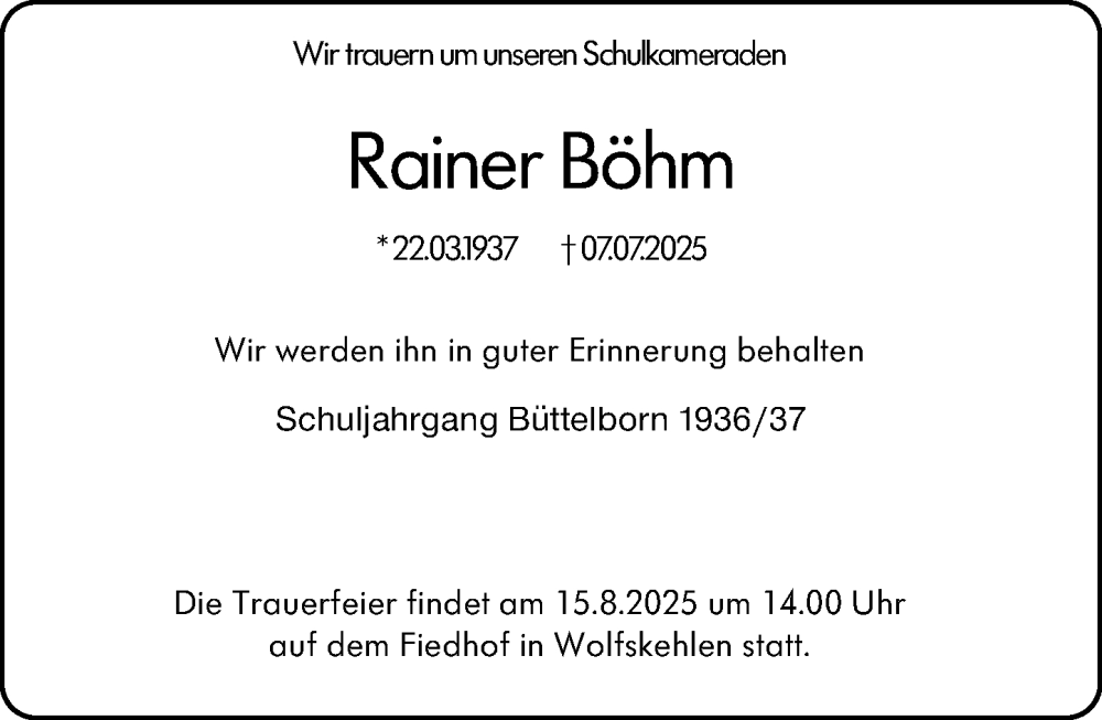  Traueranzeige für Rainer Böhm vom 11.08.2025 aus Groß-Gerauer Echo