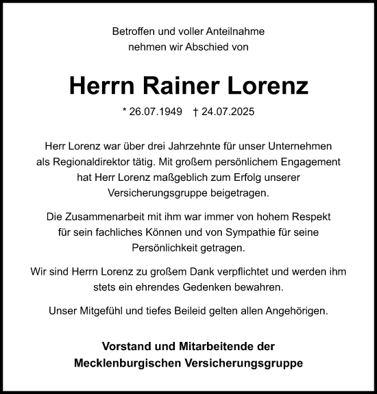 Traueranzeige von Rainer Lorenz von Dill Block