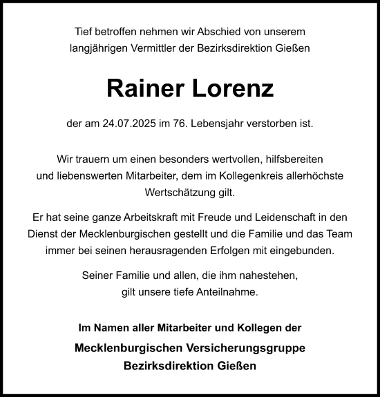 Traueranzeige von Rainer Lorenz von Dill Block