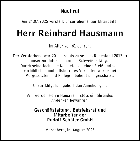 Traueranzeige von Reinhard Hausmann von Wetzlarer Neue Zeitung