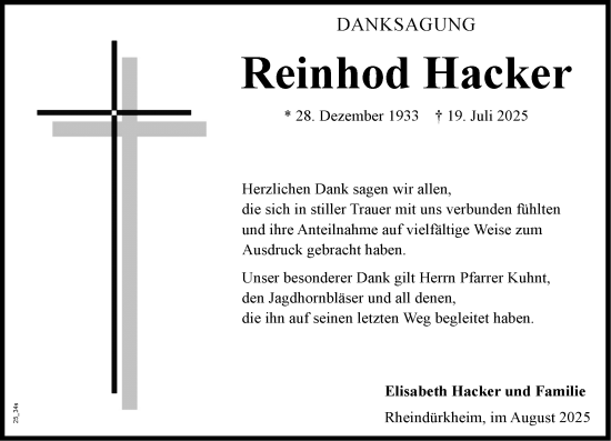 Traueranzeige von Reinhod Hacker von Wormser Zeitung