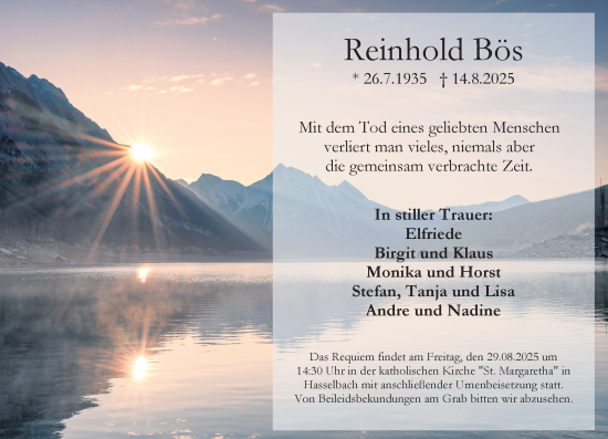 Traueranzeige von Reinhold Bös von Camberger Anzeiger