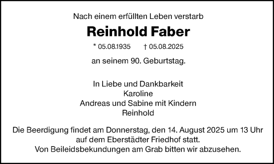 Traueranzeige von Reinhold Faber von Darmstädter Echo