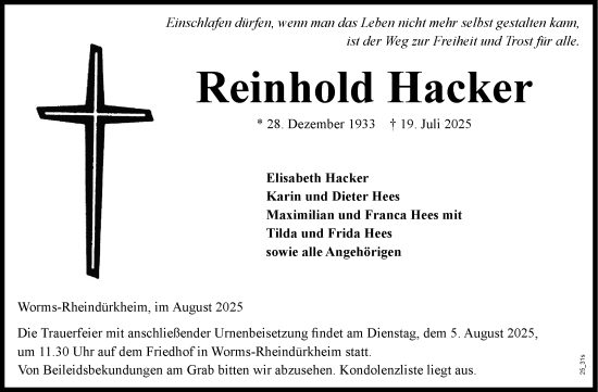 Traueranzeige von Reinhold Hacker von Wormser Zeitung