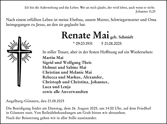 Traueranzeige von Renate Mai von Hinterländer Anzeiger