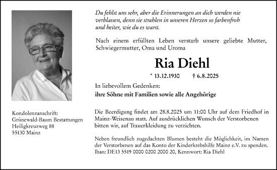 Traueranzeige von Ria Diehl von Allgemeine Zeitung Mainz