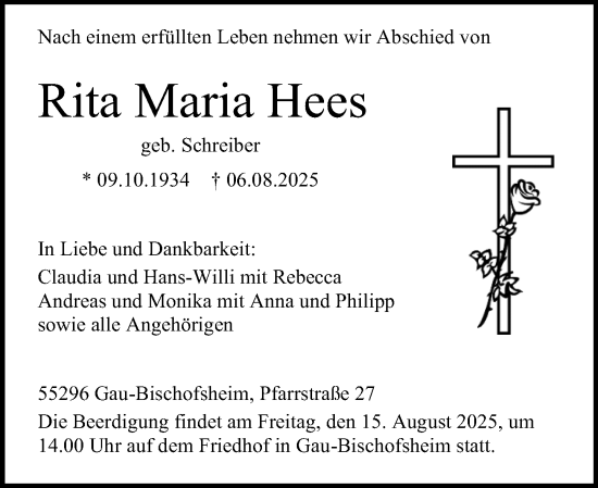 Traueranzeige von Rita Maria Hees von Allgemeine Zeitung Mainz