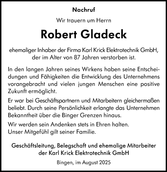 Traueranzeige von Robert Gladeck von Allgemeine Zeitung Rheinhessen-Nahe