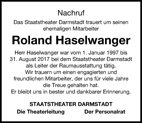 Traueranzeige von Roland Haselwanger von Darmstädter Echo