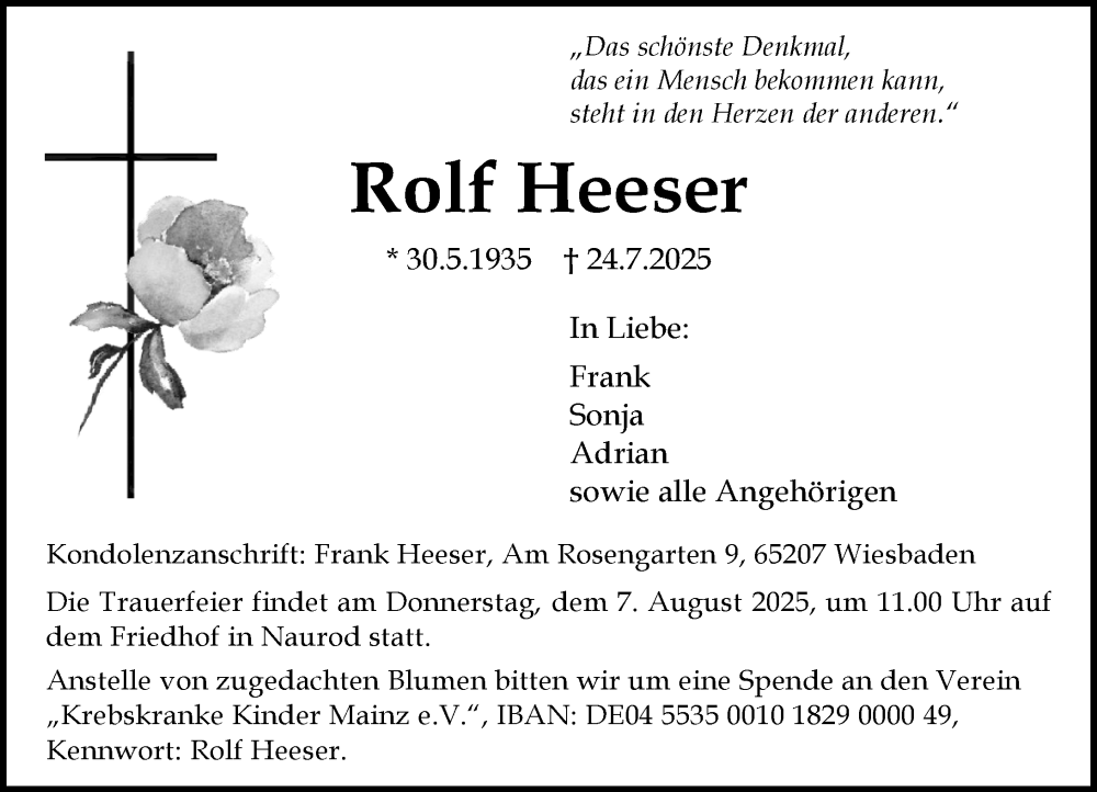  Traueranzeige für Rolf Heeser vom 02.08.2025 aus Wiesbadener Kurier