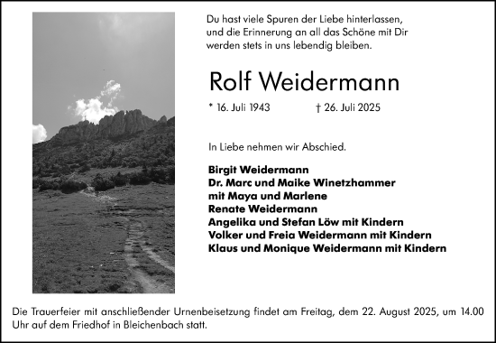 Traueranzeige von Rolf Weidermann von Darmstädter Echo