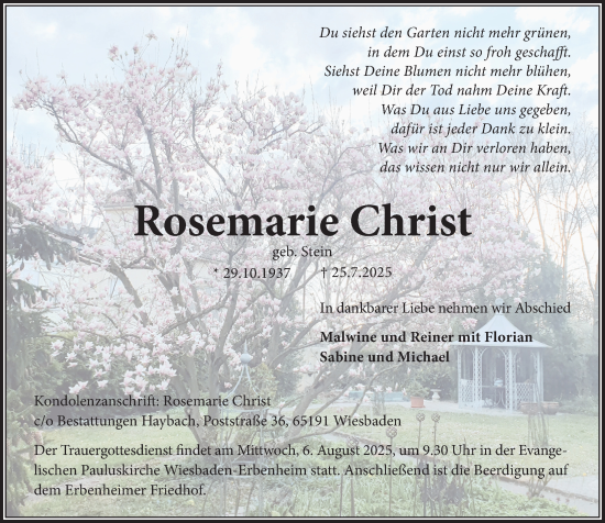 Traueranzeige von Rosemarie Christ von Wiesbadener Kurier