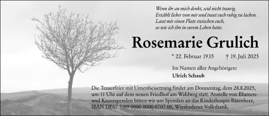 Traueranzeige von Rosemarie Grulich von Rüsselsheimer Echo