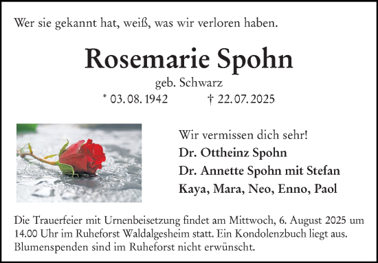 Traueranzeige von Rosemarie Spohn von Binger-/Ingelheimer Wochenblatt