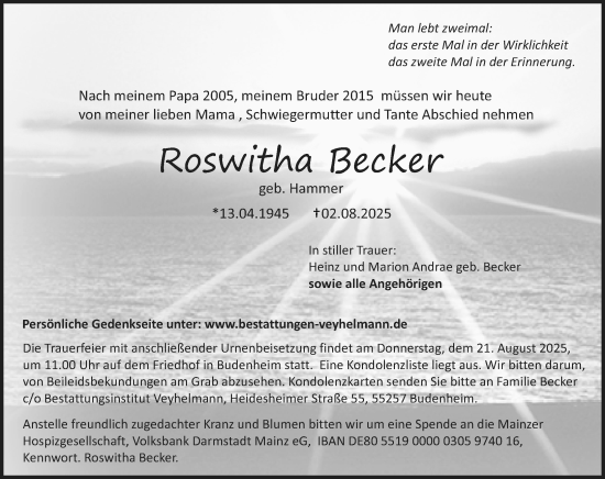 Traueranzeige von Roswitha Becker von Allgemeine Zeitung Mainz
