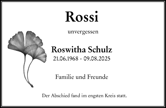 Traueranzeige von Roswitha Schulz von Wiesbadener Kurier