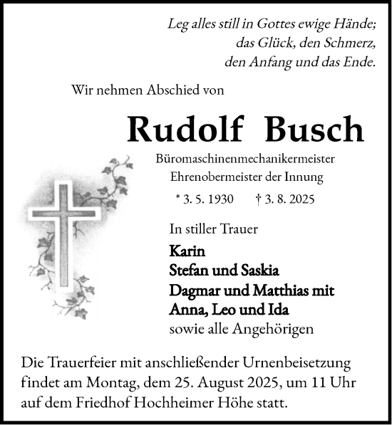 Traueranzeige von Rudolf Busch von Wormser Zeitung