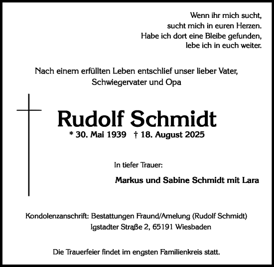 Traueranzeige von Rudolf Schmidt von Wiesbadener Kurier