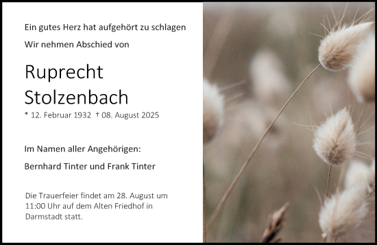 Traueranzeige von Ruprecht Stolzenbach von Darmstädter Echo