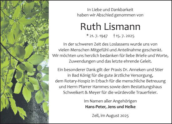Traueranzeige von Ruth Lismann von Odenwälder Echo