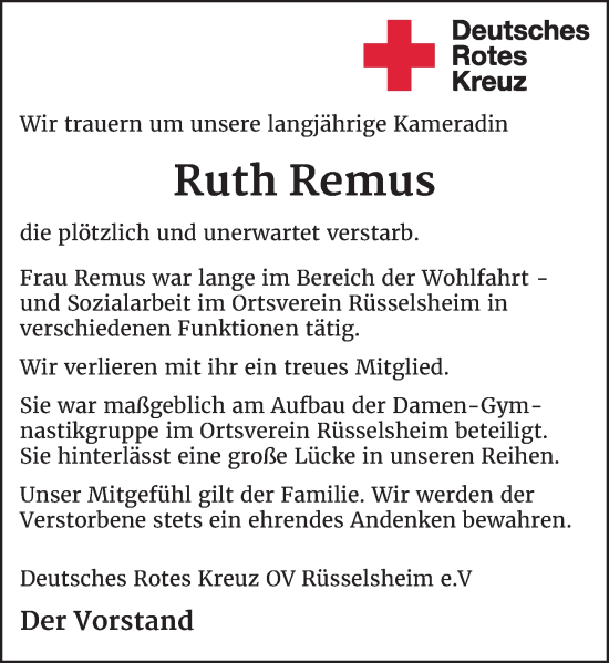 Traueranzeige von Ruth Remus von Rüsselsheimer Echo