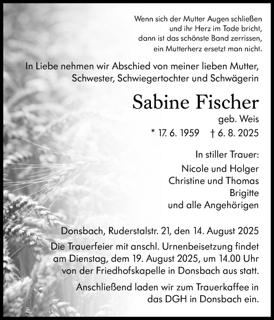 Traueranzeige von Sabine Fischer von Dill Block