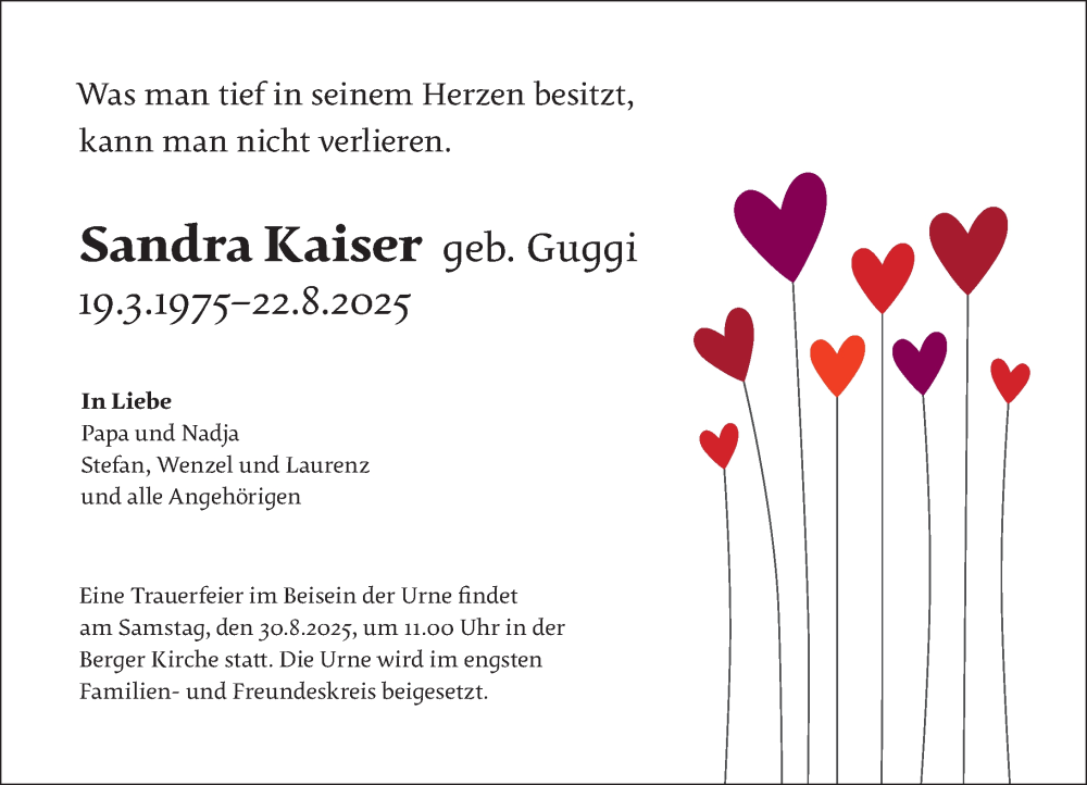  Traueranzeige für Sandra Kaiser vom 28.08.2025 aus Camberger Anzeiger