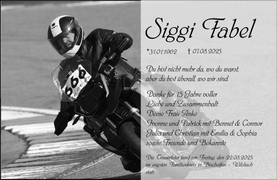 Traueranzeige von Siegfried Fabel von Wetzlarer Neue Zeitung