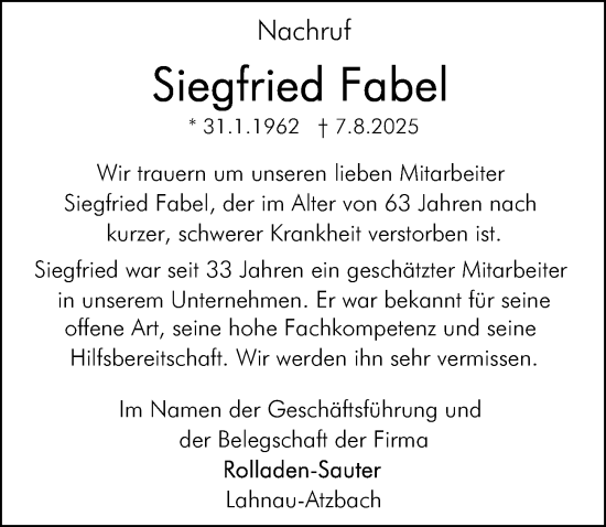 Traueranzeige von Siegfried Fabel von Wetzlarer Neue Zeitung