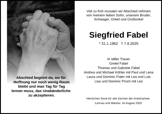 Traueranzeige von Siegfried Fabel von Wetzlarer Neue Zeitung