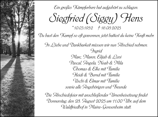 Traueranzeige von Siegfried Hens von Allgemeine Zeitung Mainz