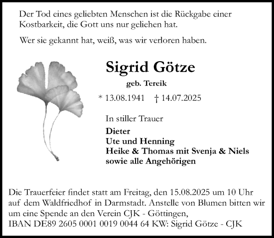 Traueranzeige von Sigrid Götze von Darmstädter Echo
