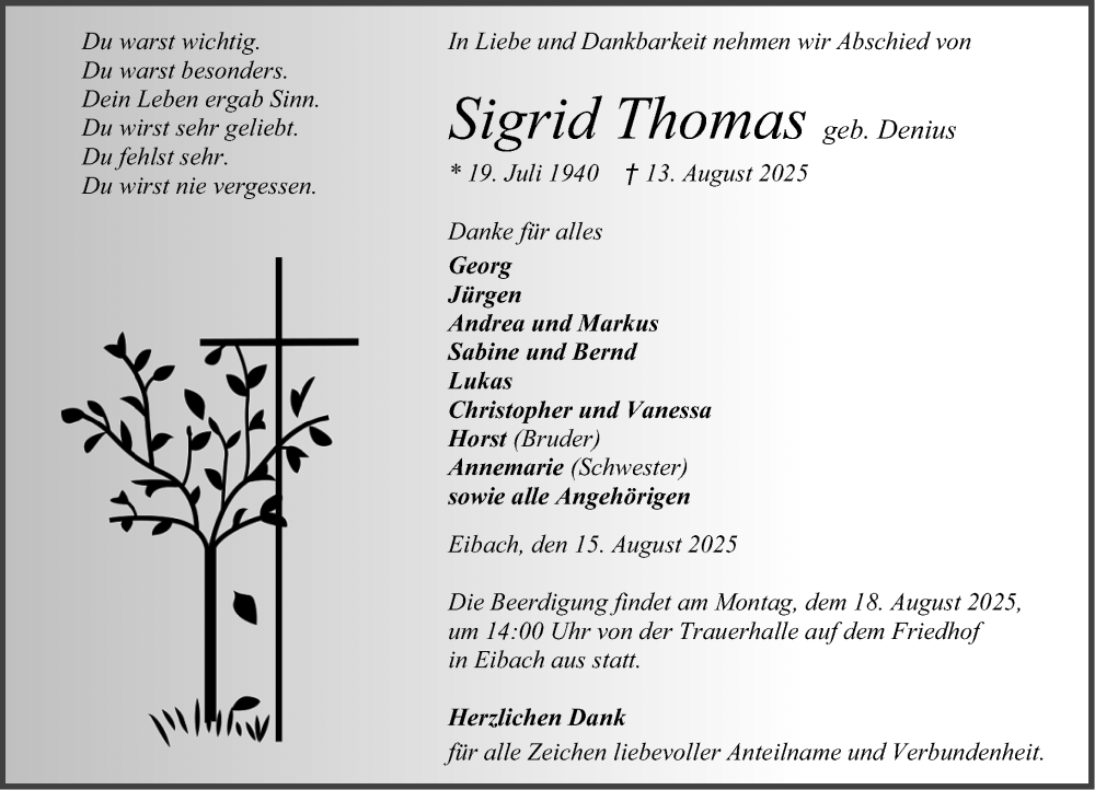  Traueranzeige für Sigrid Thomas vom 15.08.2025 aus Dill Block