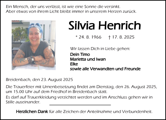 Traueranzeige von Silvia Henrich von Hinterländer Anzeiger