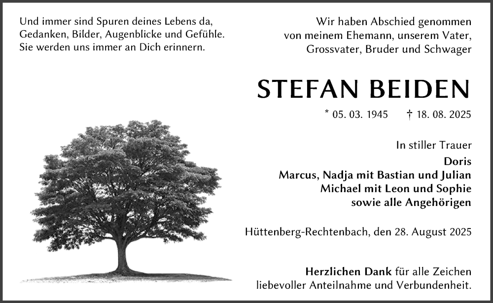  Traueranzeige für Stefan Beiden vom 28.08.2025 aus Wetzlarer Neue Zeitung