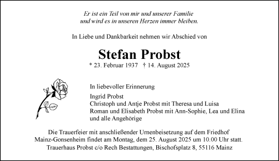 Traueranzeige von Stefan Probst von Allgemeine Zeitung Mainz