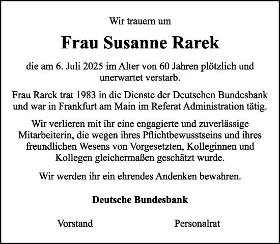 Traueranzeige von Susanne Rarek von Rüsselsheimer Echo