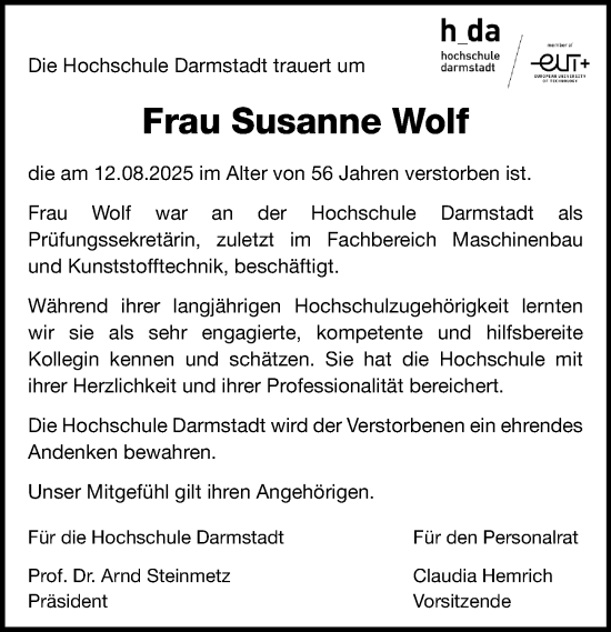 Traueranzeige von Susanne Wolf von Darmstädter Echo