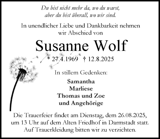 Traueranzeige von Susanne Wolf von Darmstädter Echo