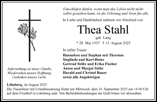 Traueranzeige von Thea Stahl von Weilburger Tageblatt