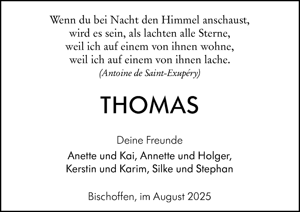  Traueranzeige für Thomas  vom 12.08.2025 aus Dill Block