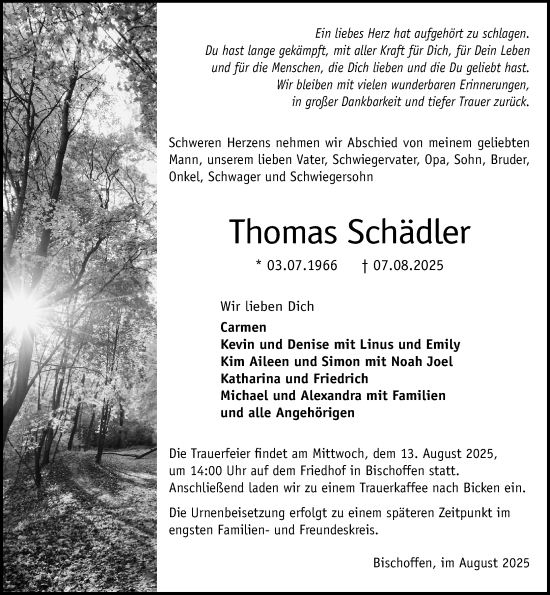 Traueranzeige von Thomas Schädler von Dill Block