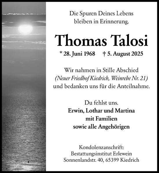 Traueranzeige von Thomas Talosi von Rheingau Kurier