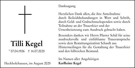 Traueranzeige von Tilli Kegel von Weilburger Tageblatt