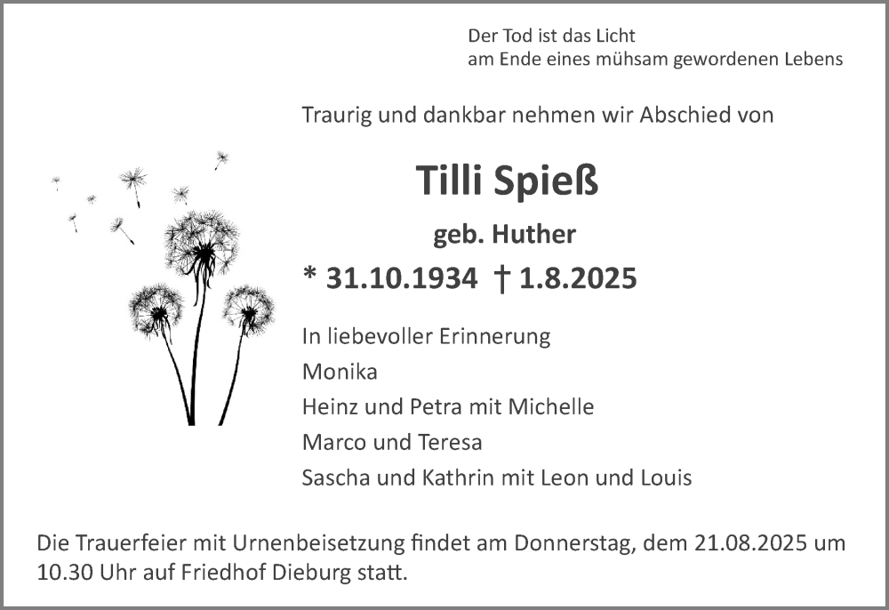  Traueranzeige für Tilli Spieß vom 09.08.2025 aus Dieburger Anzeiger/Groß-Zimmerner Lokal-Anzeiger