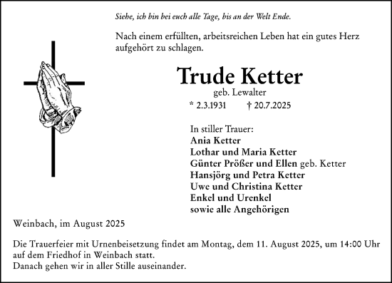 Traueranzeige von Trude Ketter von Weilburger Tageblatt