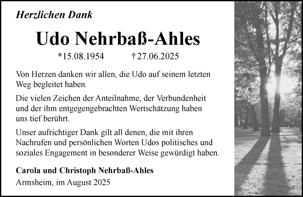  Traueranzeige für Udo Nehrbaß-Ahles vom 15.08.2025 aus Allgemeine Zeitung Alzey