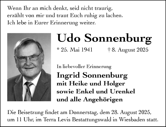 Traueranzeige von Udo Sonnenburg von Wiesbadener Kurier