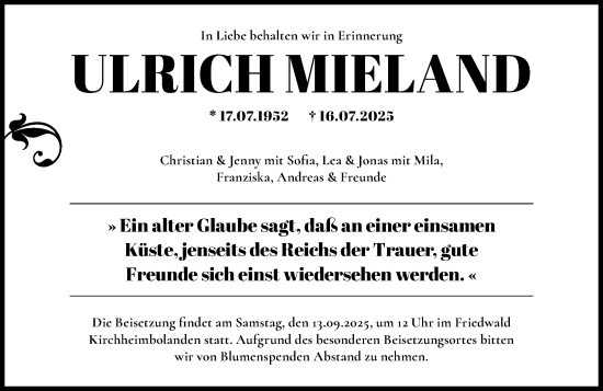 Traueranzeige von Ulrich Mieland von Wormser Zeitung